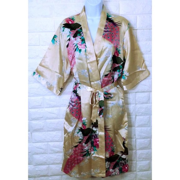 Peacocks Kimono Robe Dressing Gown -L Tie-Belts Poly-Satin Champagne Pink Flaw - Picture 1 of 10
